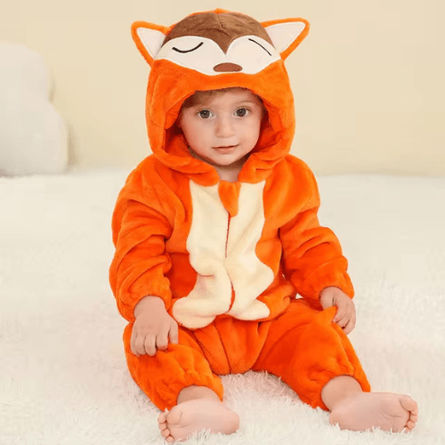 barboteuse bébé en flanelle orange avec capuche motif renard, tenue chaude et douce pour temps froid