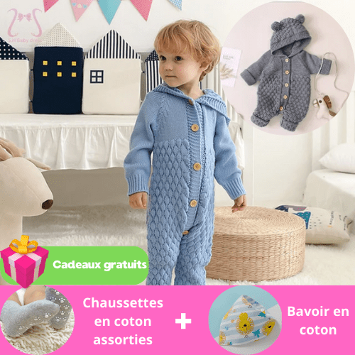 barboteuse bébé en laine tricotée bleue avec capuche, boutons frontaux, cadeau incluant chaussettes en coton et bavoir, confortable et chaud pour bébé
