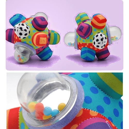 Hochet bébé BabyRattleBall multicolore en peluche avec billes colorées, design éducatif et sensoriel pour développement tactile et auditif des tout-petits.