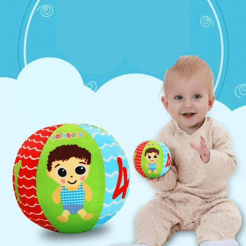 bébé jouant avec hochet bébé coloré BestRattleBall™ doux en tissu aux motifs animaliers éducatifs