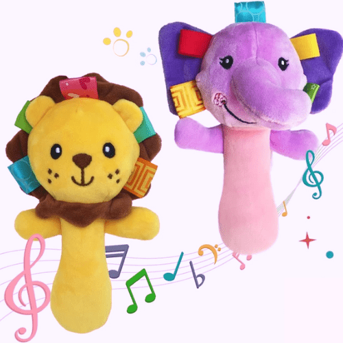 Hochet bébé peluche lion et éléphant coloré avec cloche sonore pour développement sensoriel et apaisement infantile