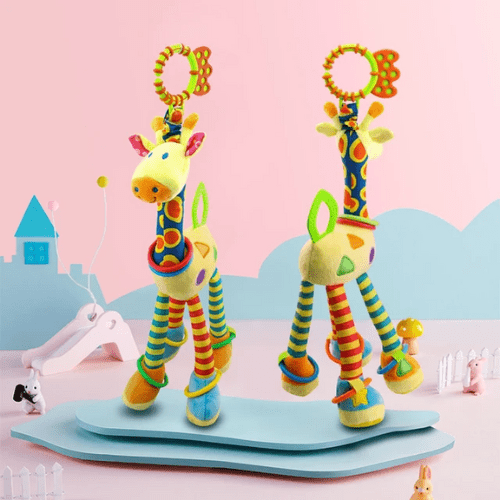 hochet bébé peluche girafe colorée avec anneau suspendu pour poussette et berceau, jouet sensoriel doux et sécuritaire pour nourrissons