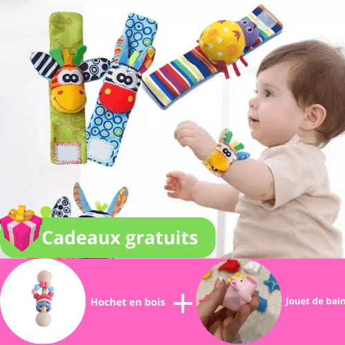 Hochet bébé BabyGift™ coloré et sonore pour éveil sensoriel et motricité des bébés, livré avec cadeaux gratuits.