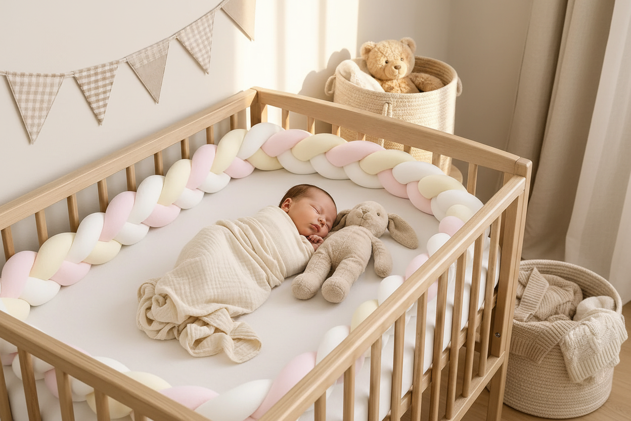 Scène nursery lifestyle avec bébé endormi, tresse de lit blanc crème rose, lumière matinale