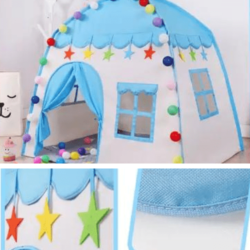 Tente enfant bleu blanche avec décorations étoiles et pompons, espace de jeu et lecture pour enfants 2 à 10 ans.