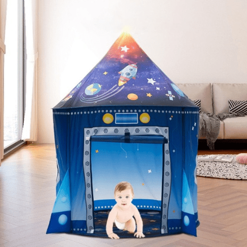 Tente enfant pop-up vaisseau spatial avec motifs étoiles et fusée, espace de jeu sécurisé pour enfants 2 à 10 ans, montage rapide, intérieur et extérieur.