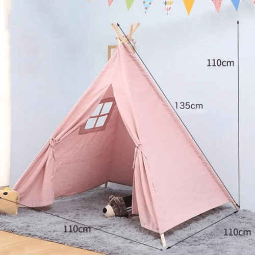 Tente enfant rose pop-up en tissu respirant avec fenêtre, dimensions 135x110x110cm, pour enfants 2-10 ans, idéale pour jeux imaginatifs en intérieur ou extérieur.