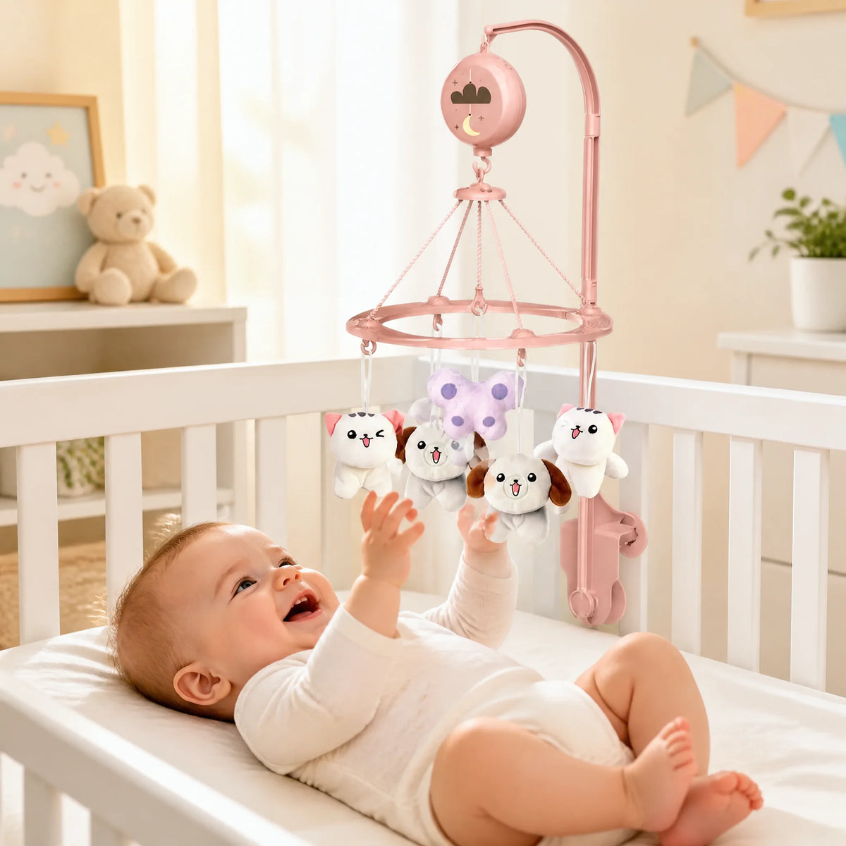Mobile lit bébé musical animaux avec lumières et télécommande