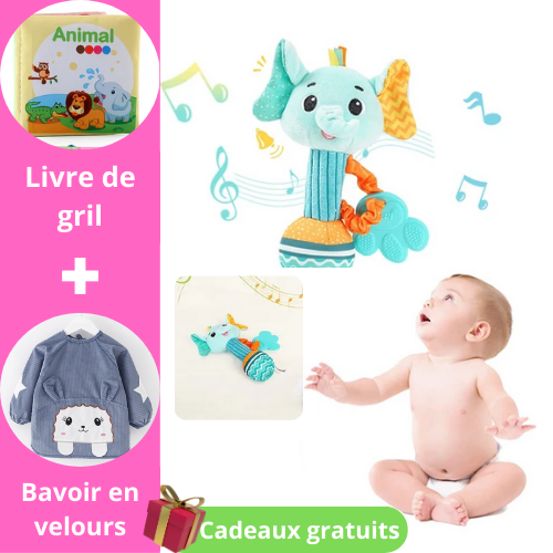 Hochet-bébé-éléphant-livre-en-gril-bavoir-en-velours 