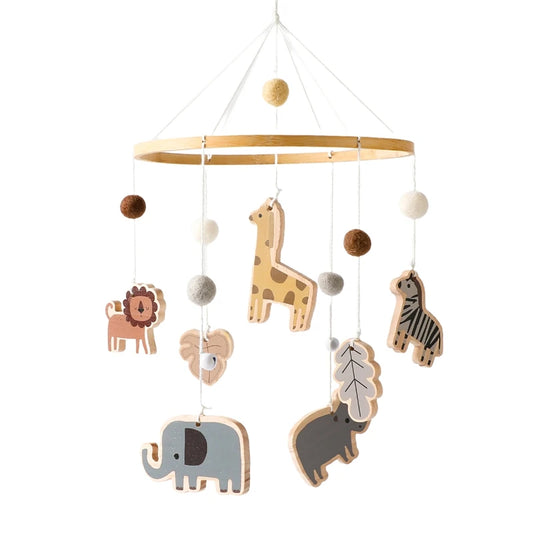 Mobile musical en bois animaux de la savane pour lit de bébé
