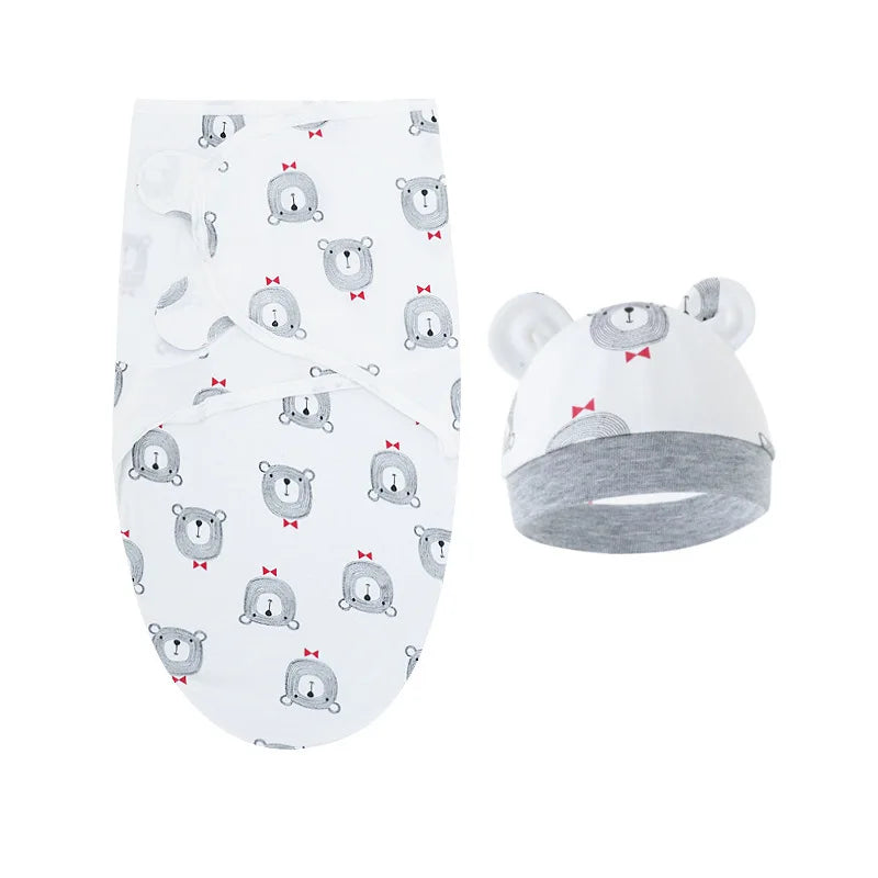 Couverture emmaillotage bébé en coton avec bonnet à motifs