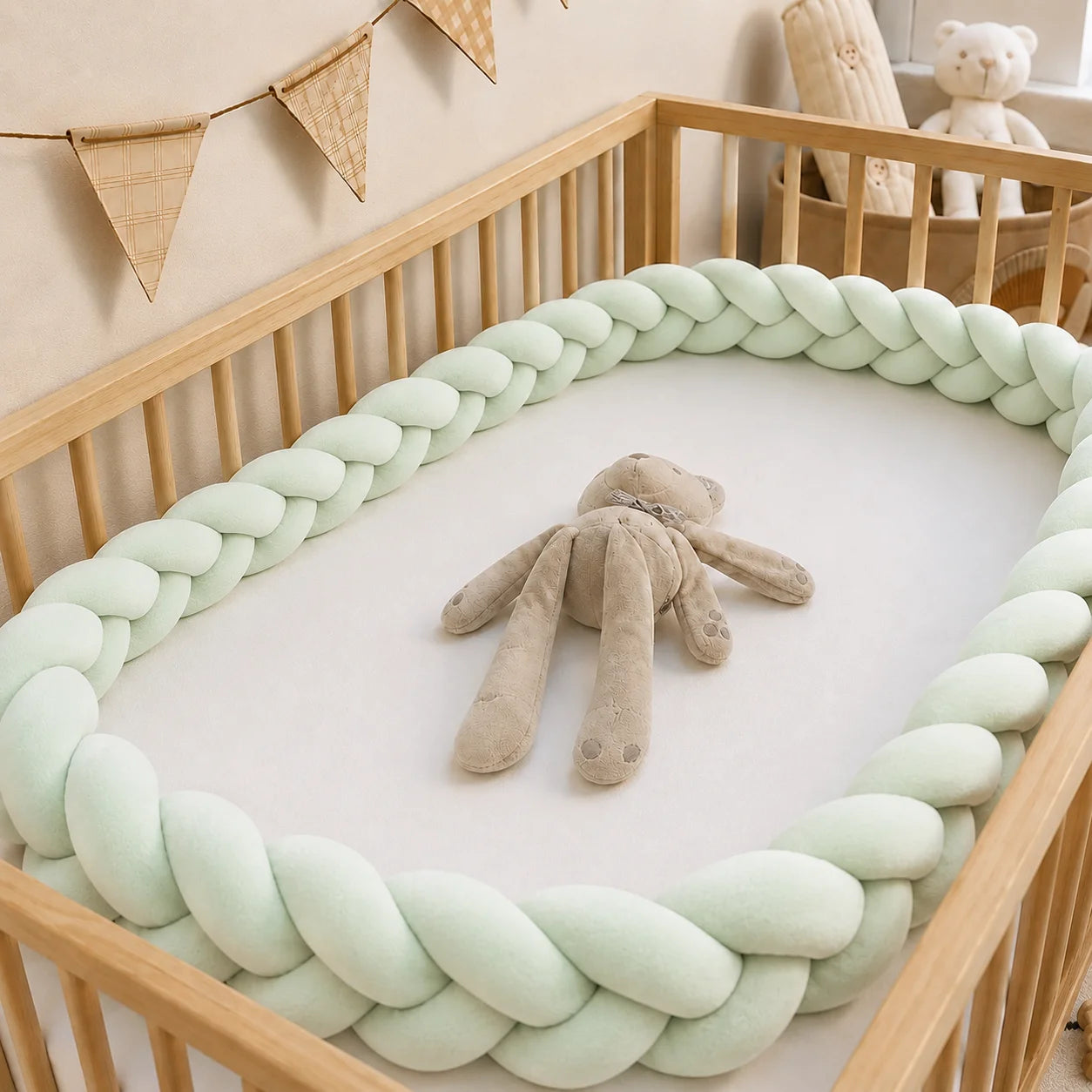Hand-Woven Knotted Crib Bumper – Soft Plush Bedside Guard/Cushioned Rail, Suitable for Playpens and Toddler Beds (1m–3.2m)