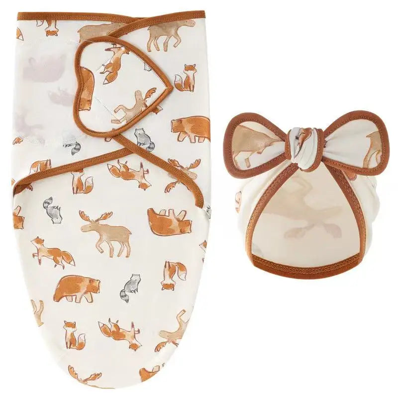 Baby Blanket Hat Set Cartoon Printed Cotton Newborn Swaddle Adjustable Infant Sleeping Swaddle Wraps All Seasons 0-6 Months