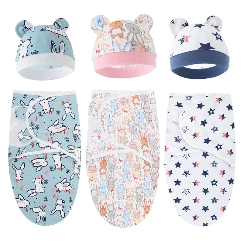Couverture emmaillotage bébé en coton et bonnet à motifs