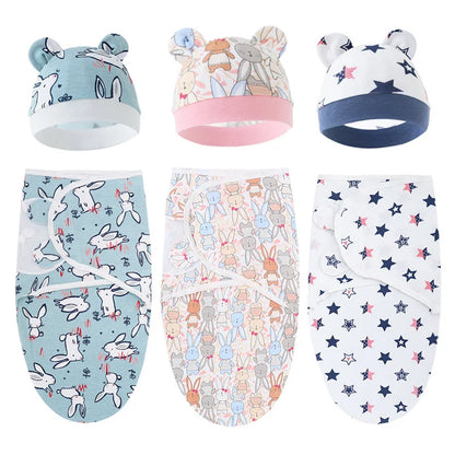 Couverture emmaillotage bébé en coton et bonnet à motifs