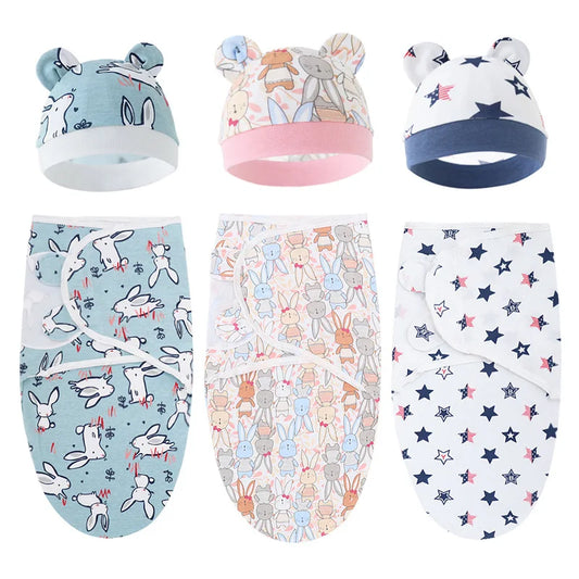 Couverture emmaillotage bébé en coton et bonnet à motifs
