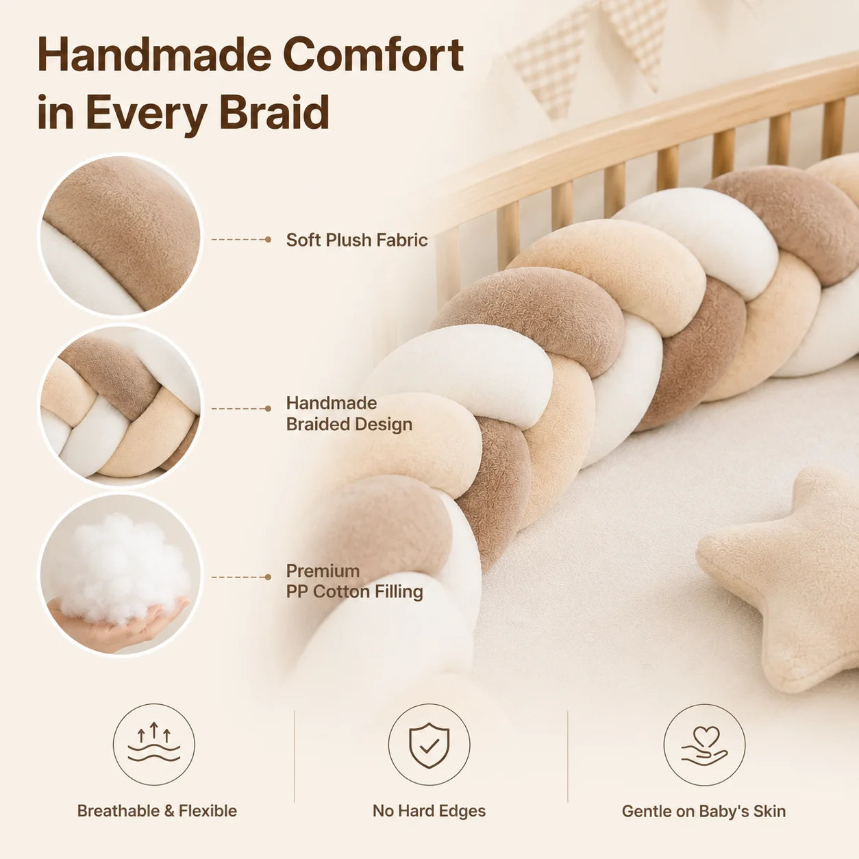 Hand-Woven Knotted Crib Bumper – Soft Plush Bedside Guard/Cushioned Rail, Suitable for Playpens and Toddler Beds (1m–3.2m)