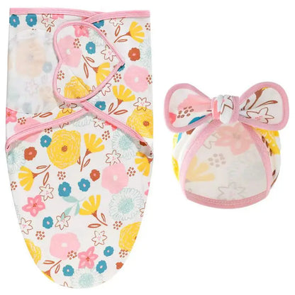 Baby Blanket Hat Set Cartoon Printed Cotton Newborn Swaddle Adjustable Infant Sleeping Swaddle Wraps All Seasons 0-6 Months
