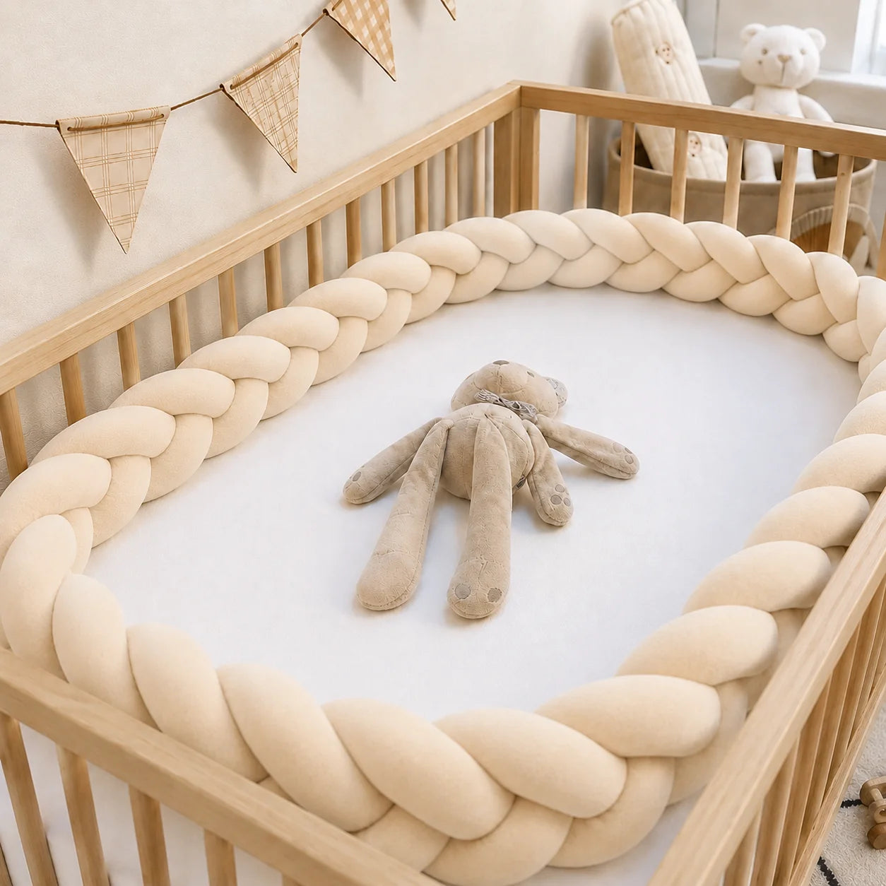 Hand-Woven Knotted Crib Bumper – Soft Plush Bedside Guard/Cushioned Rail, Suitable for Playpens and Toddler Beds (1m–3.2m)