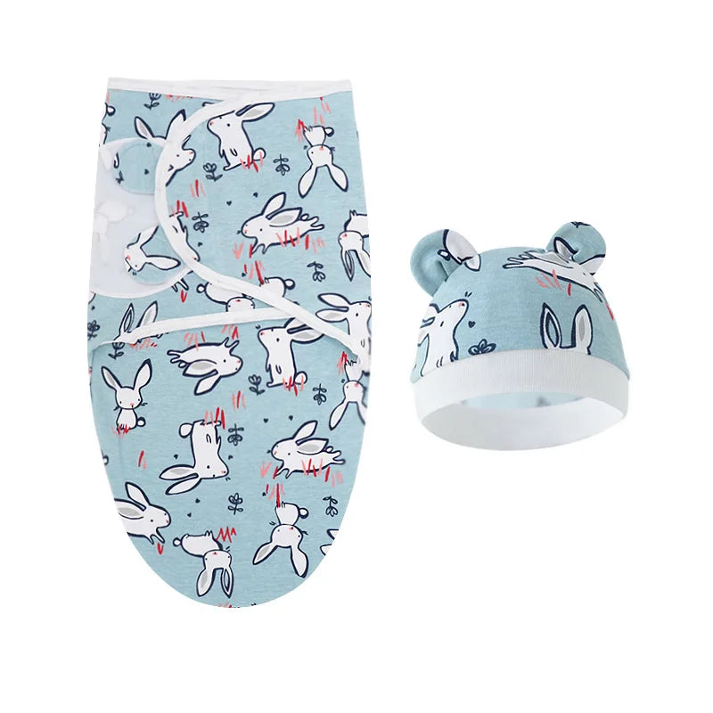 Couverture emmaillotage bébé en coton et bonnet à motifs