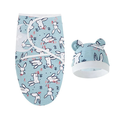 Couverture emmaillotage bébé en coton et bonnet à motifs