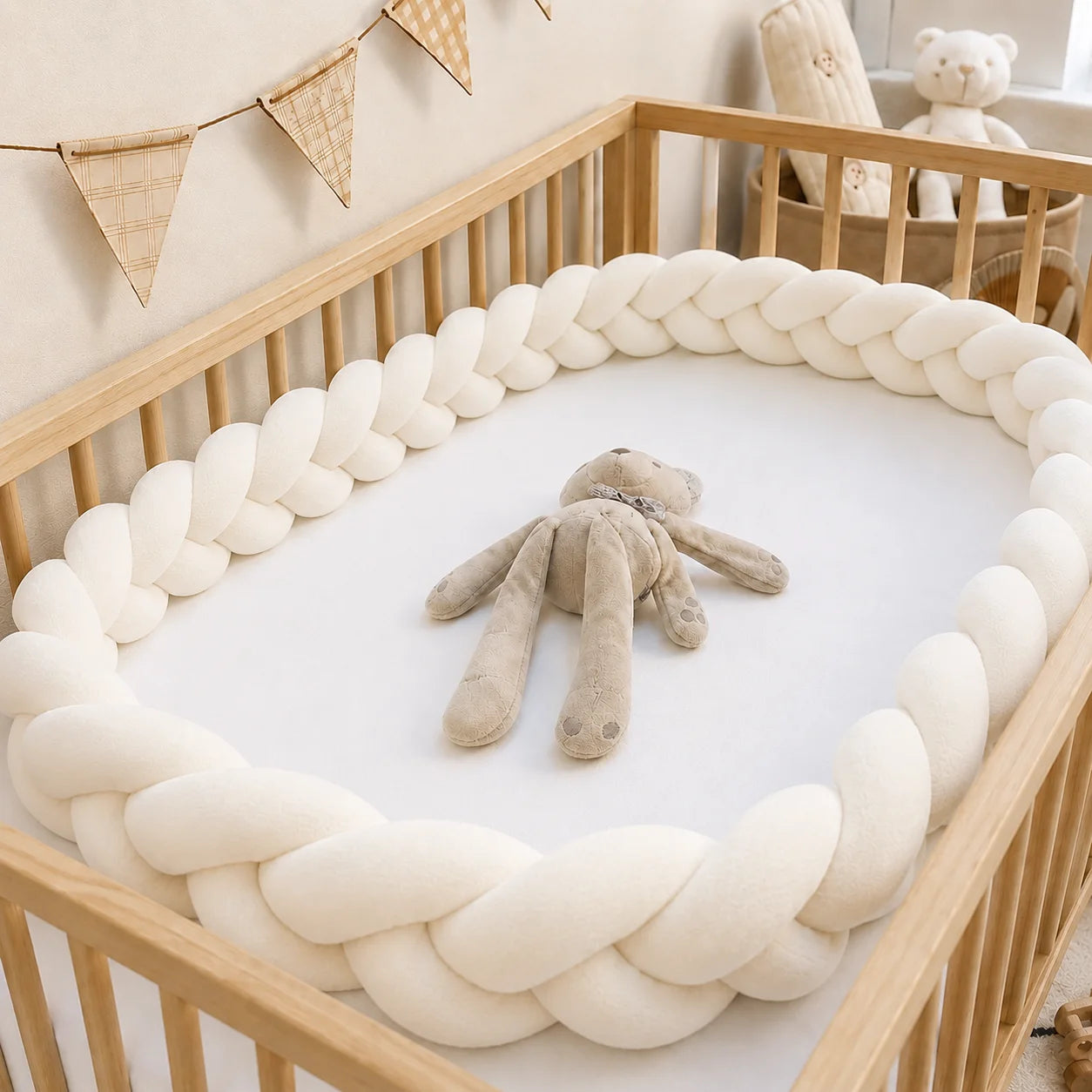 Hand-Woven Knotted Crib Bumper – Soft Plush Bedside Guard/Cushioned Rail, Suitable for Playpens and Toddler Beds (1m–3.2m)