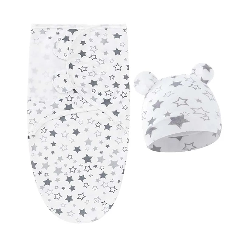 Couverture emmaillotage bébé en coton avec bonnet étoiles et sapins