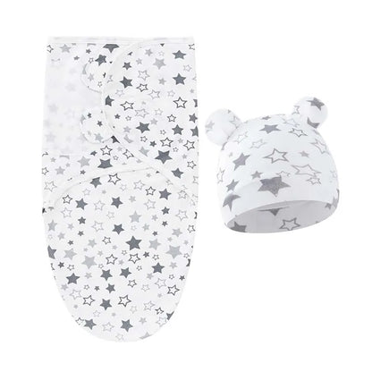 Couverture emmaillotage bébé en coton avec bonnet étoiles et sapins