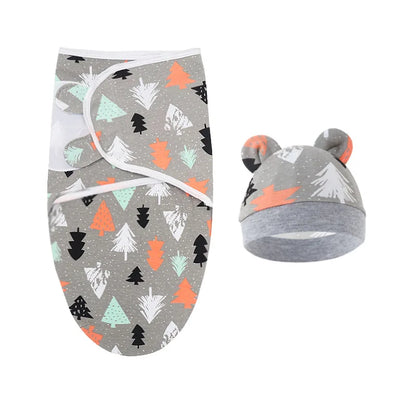 Couverture emmaillotage bébé en coton avec bonnet étoiles et sapins