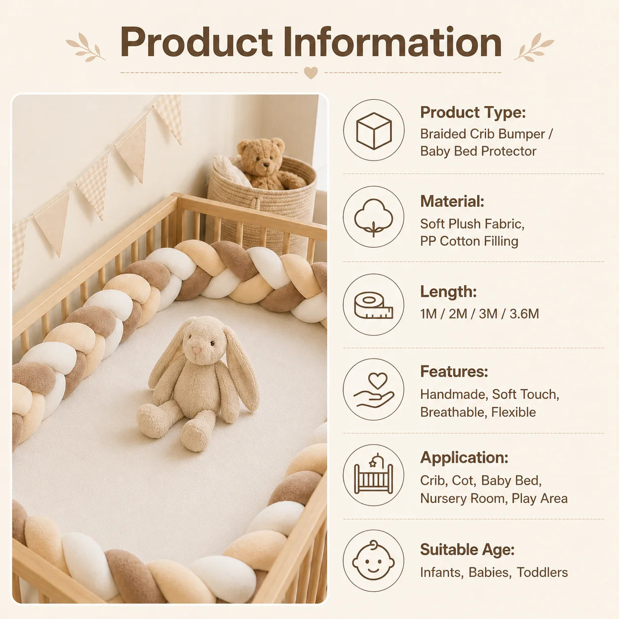 Hand-Woven Knotted Crib Bumper – Soft Plush Bedside Guard/Cushioned Rail, Suitable for Playpens and Toddler Beds (1m–3.2m)