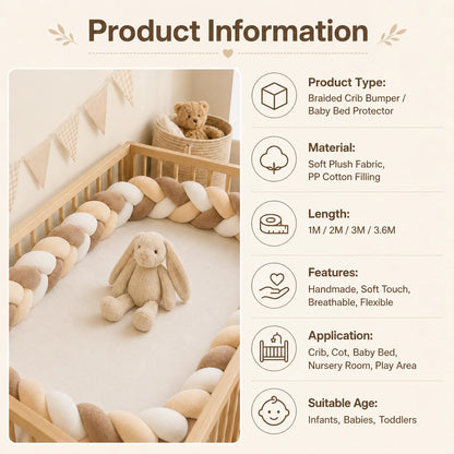Hand-Woven Knotted Crib Bumper – Soft Plush Bedside Guard/Cushioned Rail, Suitable for Playpens and Toddler Beds (1m–3.2m)