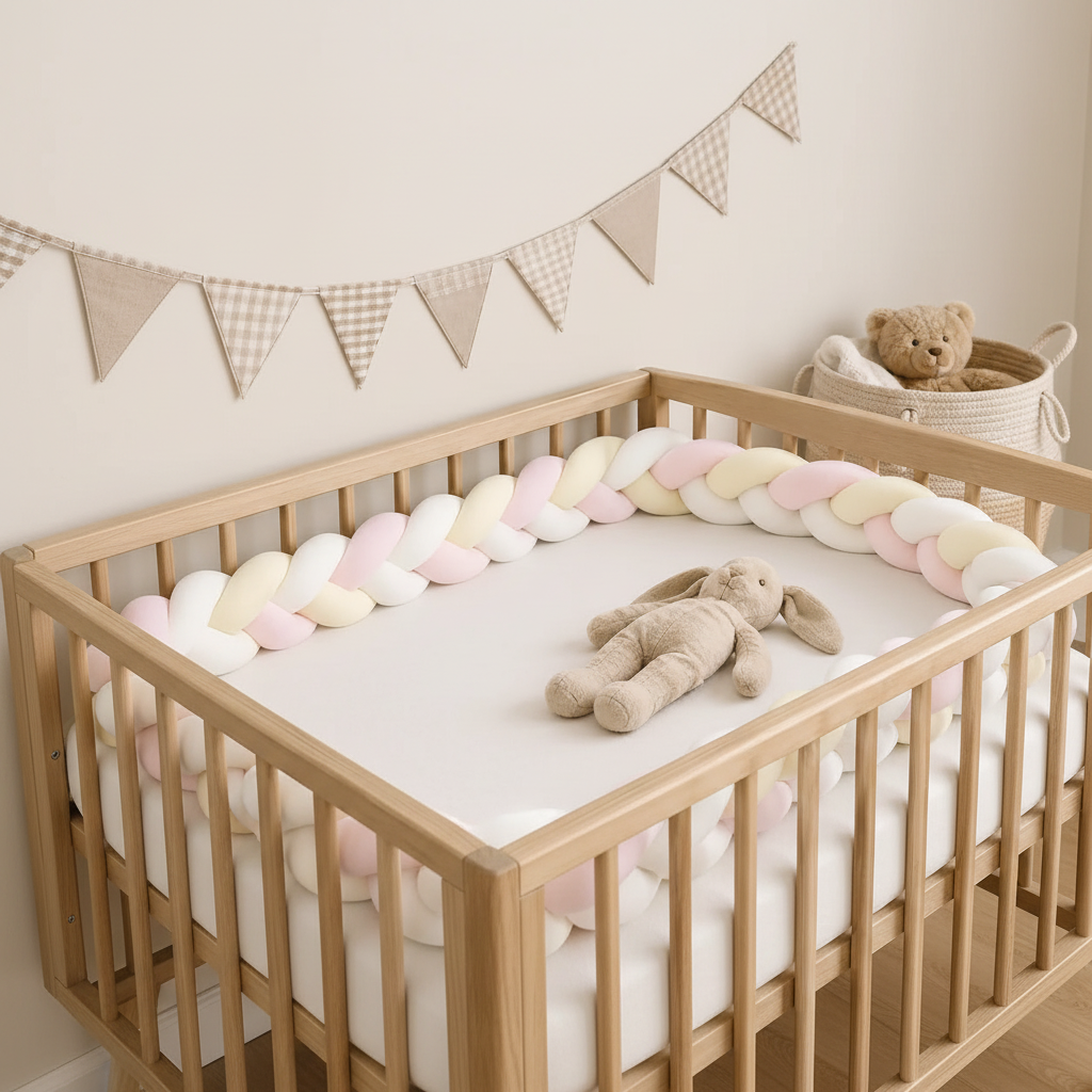 Tresse de lit bébé blanc crème rose installée sur lit à barreaux en chêne, ambiance nursery scandinave