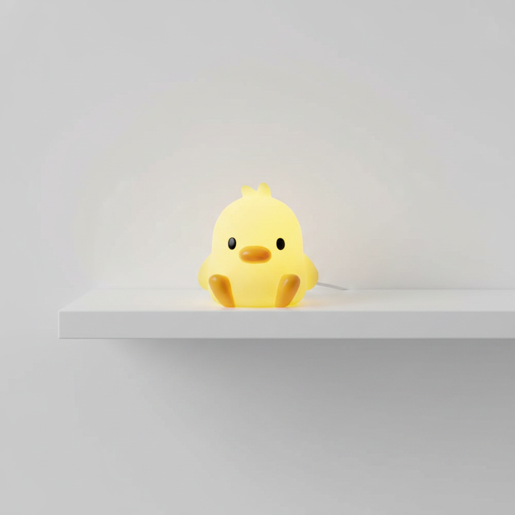 Lampe veilleuse bébé petit canard jaune sur étagère nursery