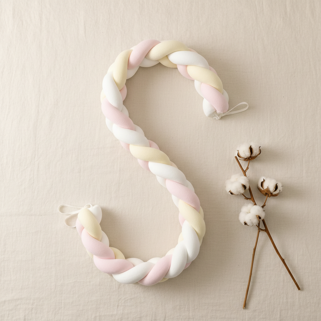 Flat lay tresse de lit bébé blanc crème rose sur fond lin, styling premium