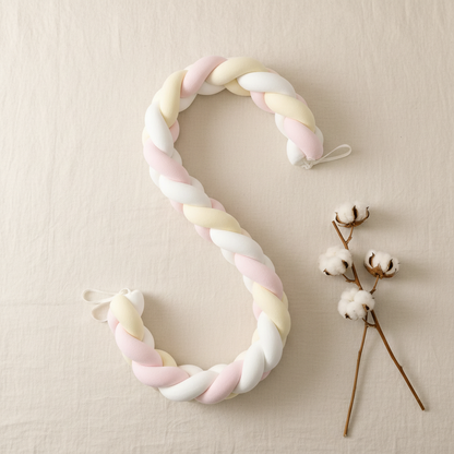 Flat lay tresse de lit bébé blanc crème rose sur fond lin, styling premium
