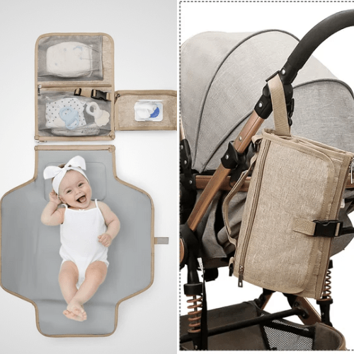 Matelas à langer nomade portable beige avec bébé allongé sur surface rembourrée et sac range-accessoires accroché à une poussette.