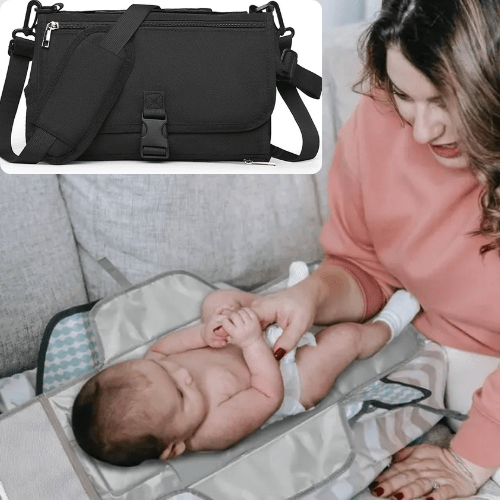 Maternité matelas à langer nomade portable et imperméable avec bébé allongé dessus et sac de transport noir