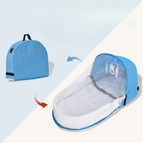 Réducteur de lit bébé BestBabyMosquito™ pliable avec filet anti-insectes et jouets intégrés, portable en sac compact bleu