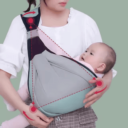Porte bébé Ultime Confort gris ergonomique avec sangles ajustables porté par une femme portant un bébé.