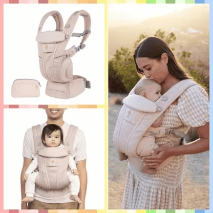 Porte bébé ergonomique beige avec sangles rembourrées, ceinture ventrale, adapté de la naissance à 36 mois, porté par un parent tenant un bébé en extérieur.