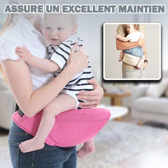 porte bébé avec tabouret de taille rose, offrant maintien ergonomique et confort pour bébé et porteur