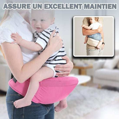 porte bébé avec tabouret de taille rose, offrant maintien ergonomique et confort pour bébé et porteur
