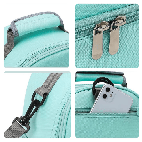 Sac à langer turquoise avec fermeture éclair double, poignée renforcée, bandoulière amovible et poche extérieure pour téléphone.