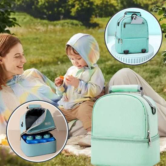 Sac à langer vert menthe avec compartiments pour biberons et lait maternel, design compact et pratique pour sorties avec bébé