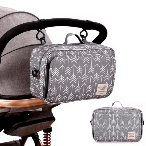 Sac à langer gris avec motif flèches blanches, sac poussette bébé pratique et organisé, polyester imperméable, compartiments multiples, facile à nettoyer.